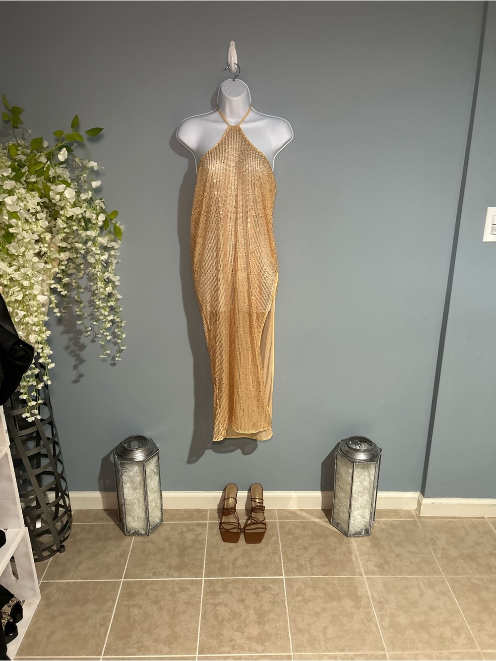 PrettyLittleThing Gold Sequin Strapless Halter Midi Dress - Picture 2 of 8